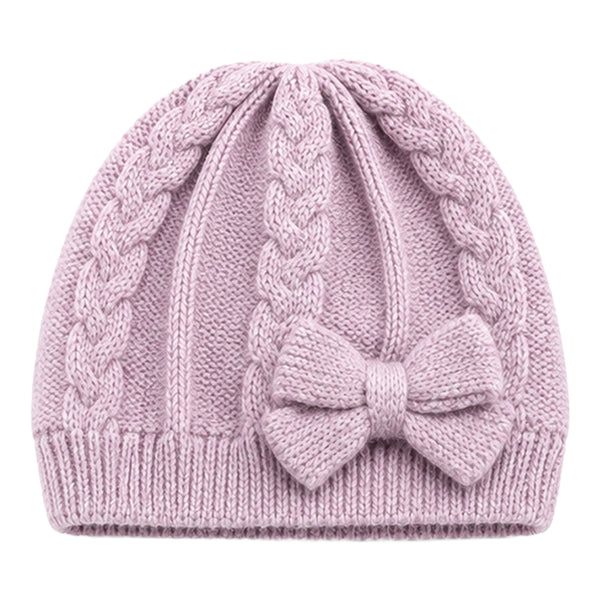 Baby Woolen Cap with Fur Lining, Cable Knit Bow Design Warm Knitted Winter Beanie for Girls & Boys (1-3 Years)