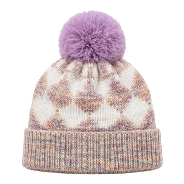 Kids Woolen Cap with Geometric Pattern and Soft Pom Pom, Warm Winter Beanie with Ribbed Folded Cuff for Boys & Girls (3-6 Years)