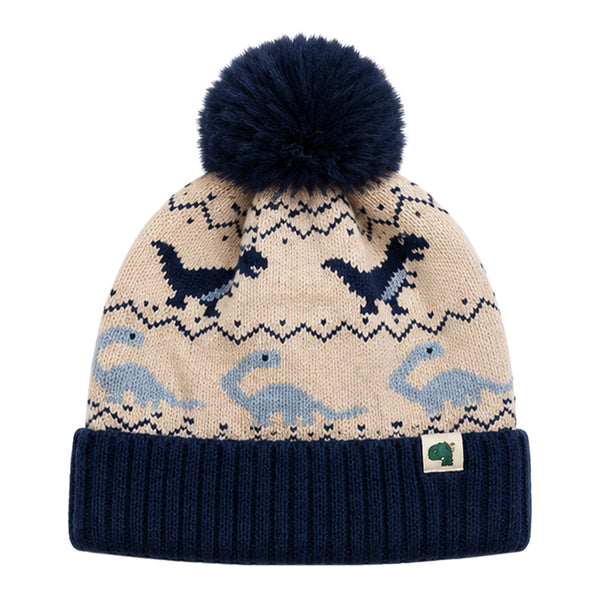 Kids Woolen Cap with Dinosaur Pattern and Soft Pom Pom, Warm Winter Beanie with Folded Cuff for Boys & Girls (3-6 Years)
