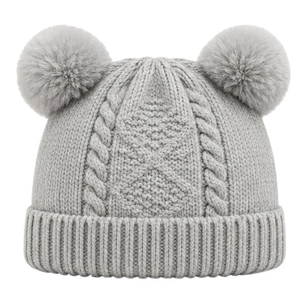 Kids Woolen Cap with Double Pom Poms, Warm Winter Beanie with Cable Knit Pattern and Ribbed Folded Cuff for Boys & Girls (3-6 Years)