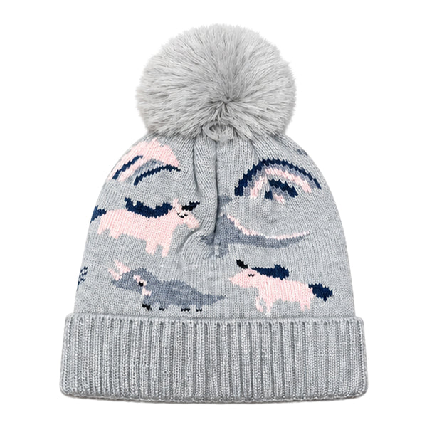 Kids Woolen Cap with Cute Dinosaur Print, Warm Winter Beanie with Soft Pom Pom and Ribbed Folded Cuff for Girls (3–6 Years)