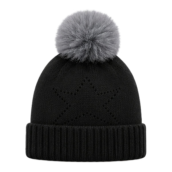 Baby Woolen Cap with Fur Lining, Star Design Warm Knitted Pom Pom Winter Beanie for Boys & Girls (1-3 Years)