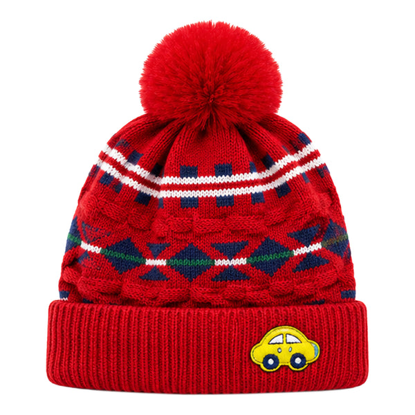 Baby Woolen Cap with Fur Lining, Car Patch Design Warm Knitted Pom Pom Winter Beanie for Boys & Girls (1-3 Years)