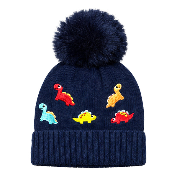 Kids Woolen Cap with Cute Dinosaur Embroidery and Fluffy Pom Pom Warm, Cozy Knitted Winter Hat with Soft Fur Lining for Boys and Girls (2-4 Year)