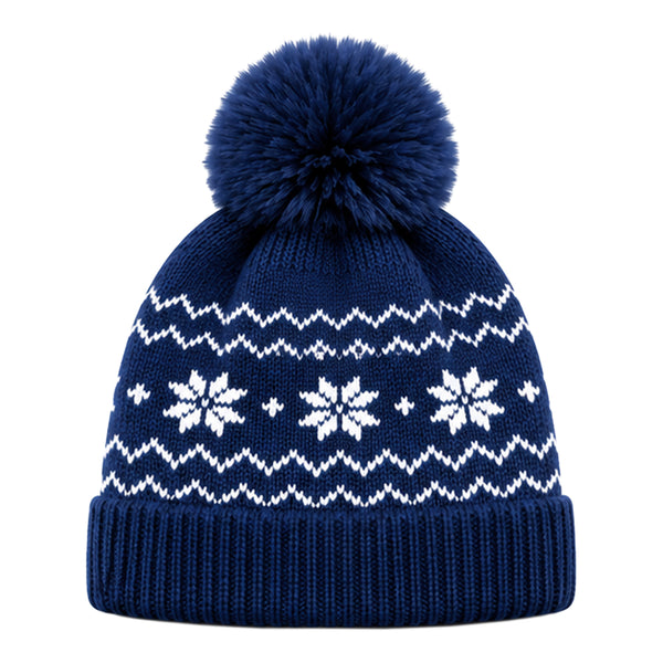 Baby Woolen Cap with Fur Lining, Snowflake Design Warm Knitted Pom Pom Winter Beanie for Boys & Girls (2-4 Years)