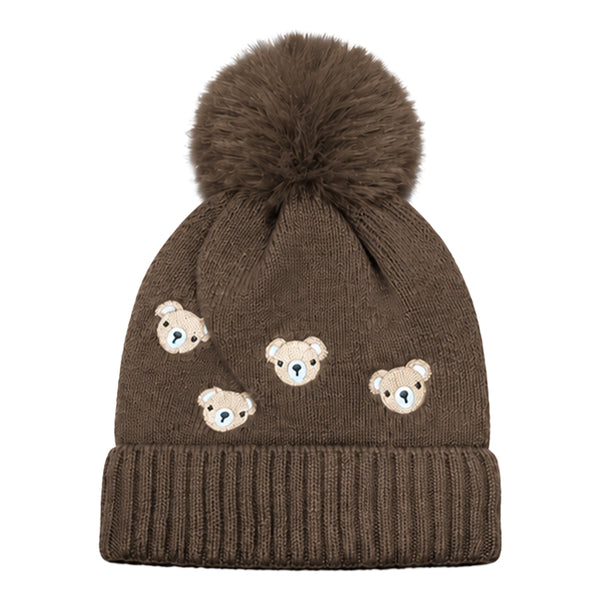 Kids Woolen Cap with Cute Teddy Bear Embroidery and Fluffy Pom Pom Warm, Cozy, Soft Knit Winter Hat for Babies and Toddlers (3-6 Years)