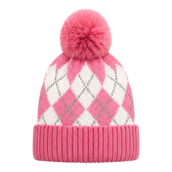 Kids Woolen Cap with Fur Lining, Argyle Design Warm Knitted Faux Fur Pom Pom Winter Beanie for Boys & Girls (3-6 Years)