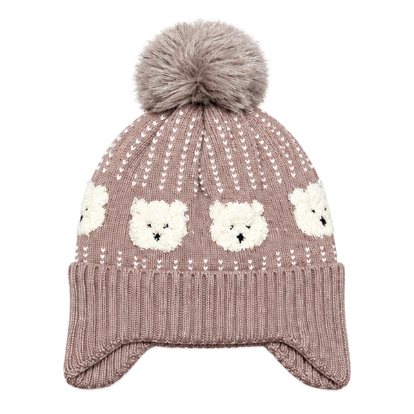 Kids Woolen Cap with Cute Bear Pattern, Warm Winter Beanie with Earflap Design, Soft Pom Pom and Ribbed Cuff for Boys & Girls (3-6 Years)