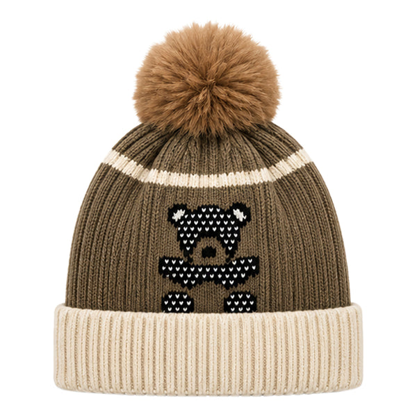 Baby Woolen Cap with Fur Lining, Black Teddy Bear Design Warm Ribbed Knit Faux Fur Pom Pom Winter Beanie for Boys & Girls (3-6 Years)