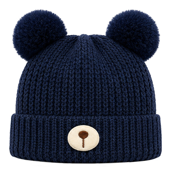 Kids Woolen Cap with Fur Lining, Bear Ears Design Warm Chunky Knit Double Pom Pom Winter Beanie for Boys & Girls (3-6 Years)