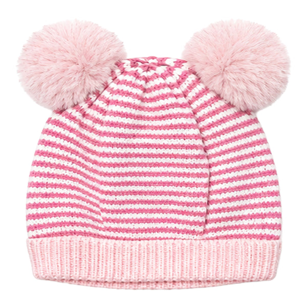 Kids Woolen Cap with Fur Lining, Striped Design Warm Knitted Double Pom Pom Winter Beanie for Boys & Girls (3-6 Years)
