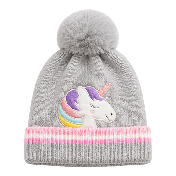 Kids Woolen Cap with Cute Unicorn Embroidery, Warm Winter Beanie with Soft Pom Pom and Folded Cuff for Boys & Girls (2-4 Years)