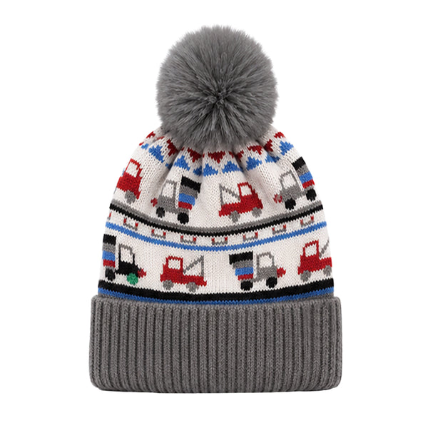 Baby Woolen Cap with Fur Lining, Truck Design Warm Knitted Faux Fur Pom Pom Winter Beanie for Boys & Girls (3-6 Years)