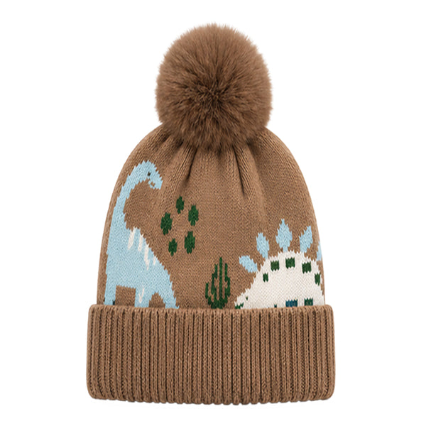 Kids Woolen Cap with Fur Lining, Dinosaur Design Warm Knitted Faux Fur Pom Pom Winter Beanie for Boys & Girls (3-6 Years)