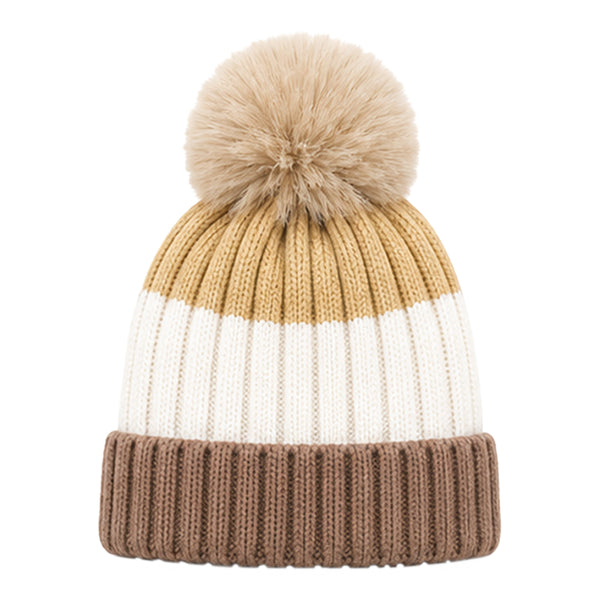 Baby Woolen Cap with Fur Lining, Colour Block Design Warm Ribbed Knit Faux Fur Pom Pom Winter Beanie for Boys & Girls (3-6 Years)
