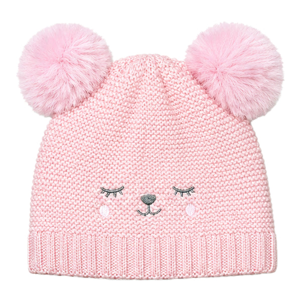 Kids Woolen Cap with Cute Bear Face, Warm Winter Beanie with Double Pom Poms and Ribbed Folded Cuff for Girls (2–4 Years)