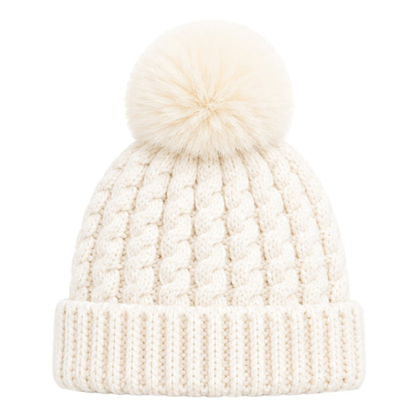 Baby Woolen Cap with Fur Lining, Cable Knit Design Warm Knitted Pom Pom Winter Beanie for Boys & Girls (0-1 Years)