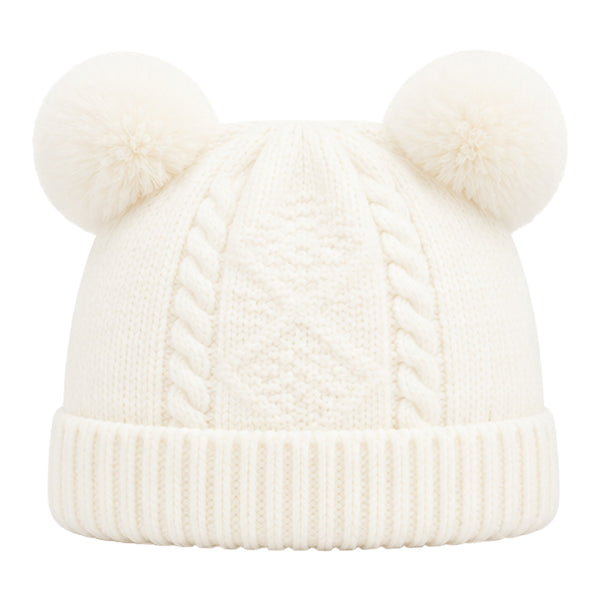 Kids Woolen Cap with Double Pom Poms, Warm Winter Beanie with Cable Knit Pattern and Ribbed Folded Cuff for Boys & Girls (3-6 Years)