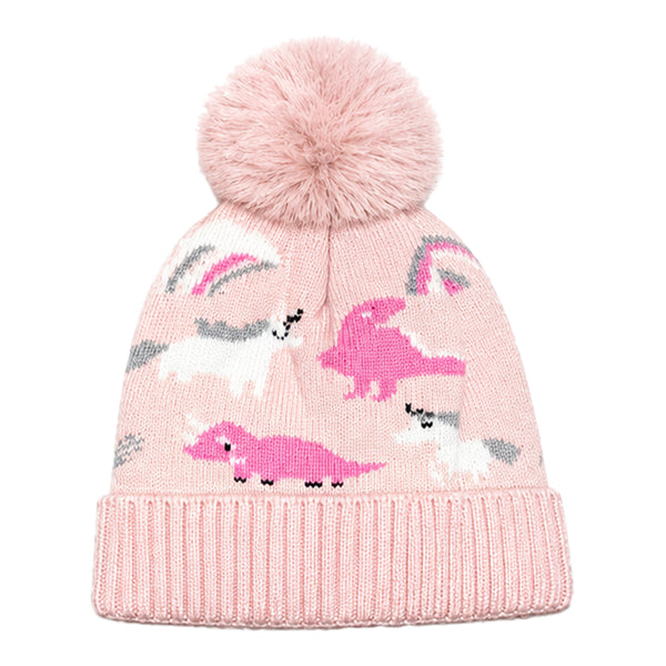 Kids Woolen Cap with Cute Dinosaur Print, Warm Winter Beanie with Soft Pom Pom and Ribbed Folded Cuff for Girls (3–6 Years)