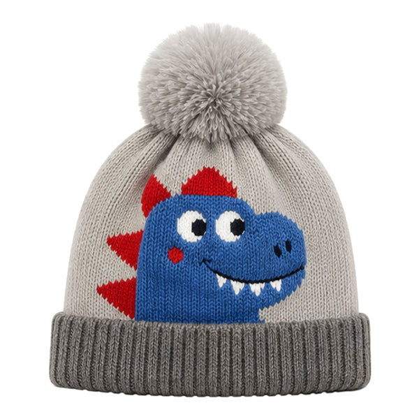 Baby Woolen Cap with Fur Lining, Cute Dinosaur Face Design Warm Knitted Pom Pom Winter Beanie for Boys & Girls (2-4 Years)