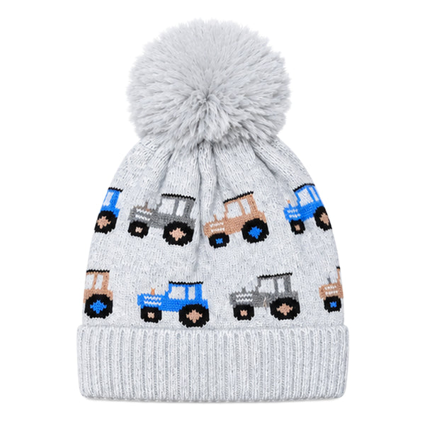Baby Woolen Cap with Fur Lining, Tractor Design Warm Knitted Faux Fur Pom Pom Winter Beanie for Boys & Girls (3-6 Years)