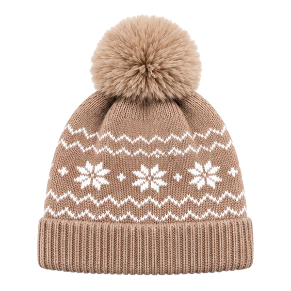 Baby Woolen Cap with Fur Lining, Snowflake Design Warm Knitted Pom Pom Winter Beanie for Boys & Girls (2-4 Years)
