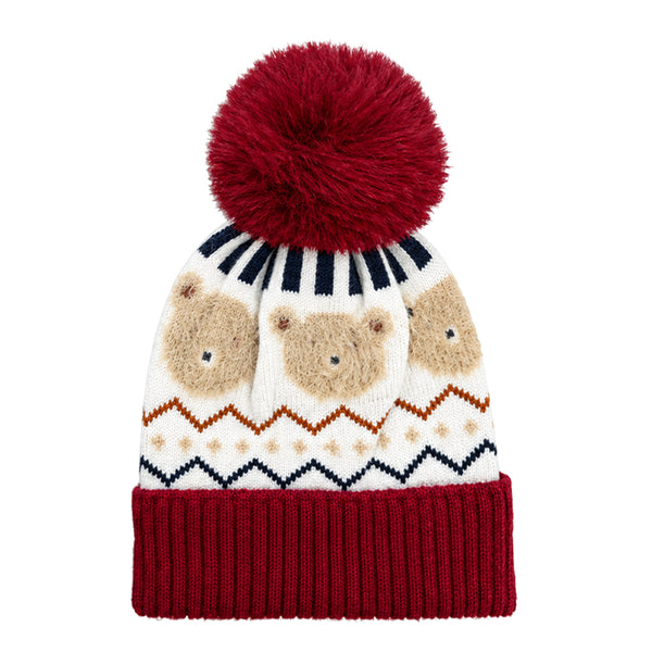 Kids Woolen Cap with Fur Lining, Fluffy Teddy Bear Design Warm Knitted Faux Fur Pom Pom Winter Beanie for Boys & Girls (3-6 Years)