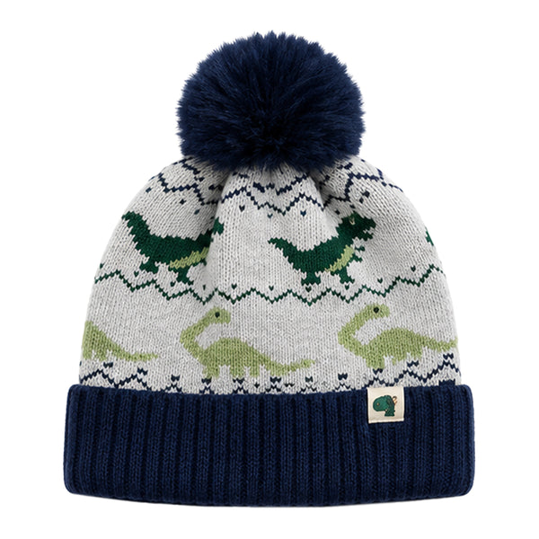 Kids Woolen Cap with Dinosaur Pattern and Soft Pom Pom, Warm Winter Beanie with Folded Cuff for Boys & Girls (3-6 Years)