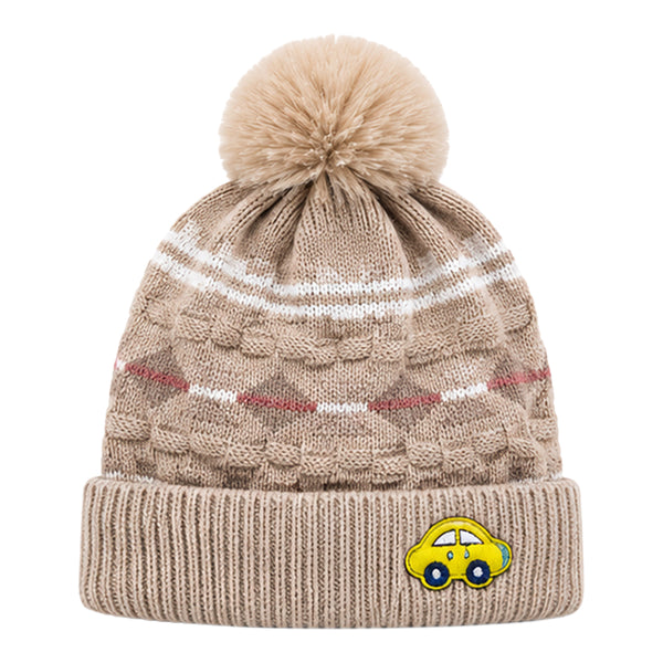 Baby Woolen Cap with Fur Lining, Car Patch Design Warm Knitted Pom Pom Winter Beanie for Boys & Girls (1-3 Years)