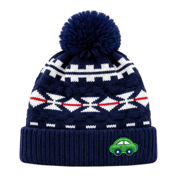 Baby Woolen Cap with Fur Lining, Car Patch Design Warm Knitted Pom Pom Winter Beanie for Boys & Girls (1-3 Years)