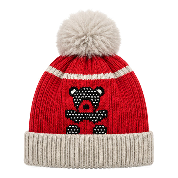 Baby Woolen Cap with Fur Lining, Black Teddy Bear Design Warm Ribbed Knit Faux Fur Pom Pom Winter Beanie for Boys & Girls (3-6 Years)