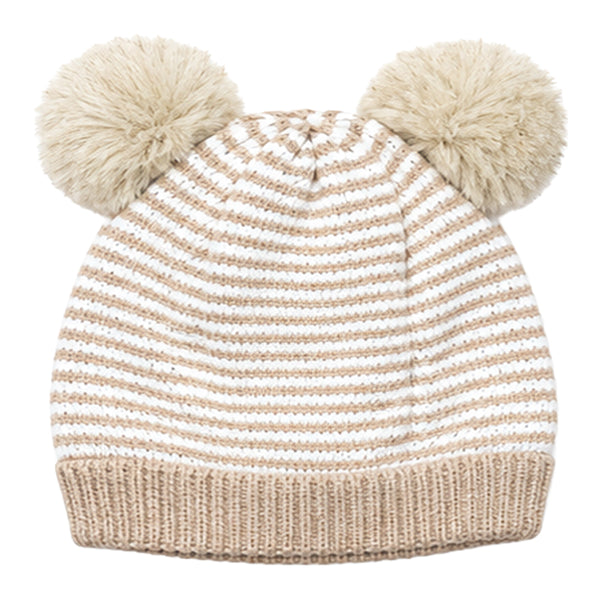 Kids Woolen Cap with Fur Lining, Striped Design Warm Knitted Double Pom Pom Winter Beanie for Boys & Girls (3-6 Years)