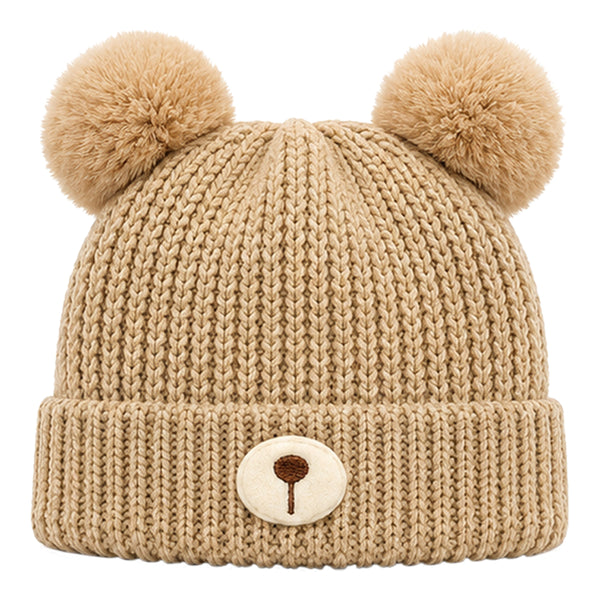 Kids Woolen Cap with Fur Lining, Bear Ears Design Warm Chunky Knit Double Pom Pom Winter Beanie for Boys & Girls (3-6 Years)