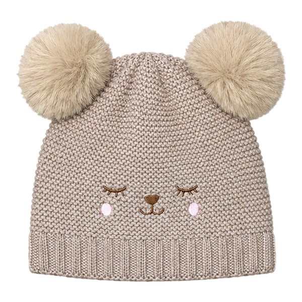 Kids Woolen Cap with Cute Bear Face, Warm Winter Beanie with Double Pom Poms and Ribbed Folded Cuff for Girls (2–4 Years)