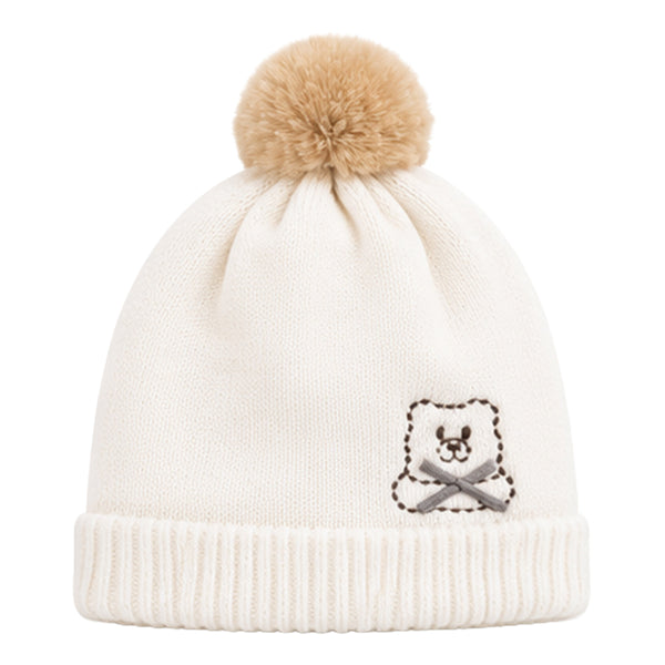Baby Woolen Cap with Fur Lining, Embroidered Teddy Bear Design Warm Knitted Winter Beanie for Boys & Girls (2-4 Years)