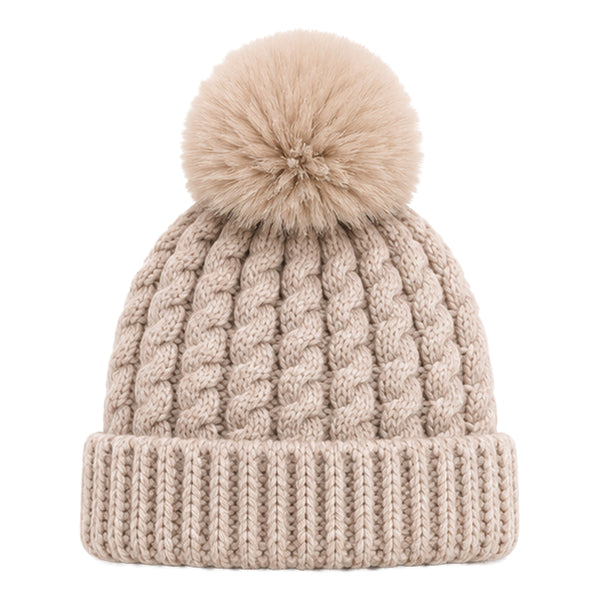 Baby Woolen Cap with Fur Lining, Cable Knit Design Warm Knitted Pom Pom Winter Beanie for Boys & Girls (0-1 Years)