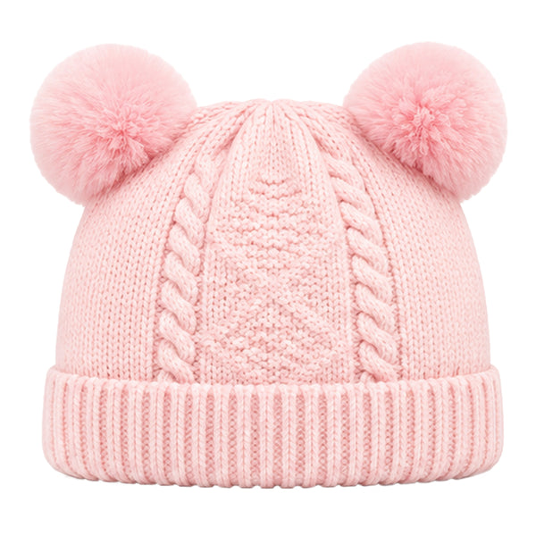 Kids Woolen Cap with Double Pom Poms, Warm Winter Beanie with Cable Knit Pattern and Ribbed Folded Cuff for Boys & Girls (3-6 Years)