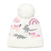 Kids Woolen Cap with Cute Dinosaur Print, Warm Winter Beanie with Soft Pom Pom and Ribbed Folded Cuff for Girls (3–6 Years)