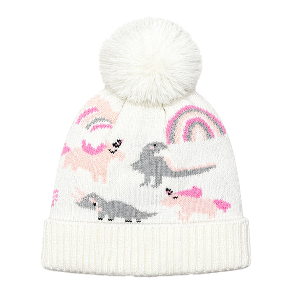 Kids Woolen Cap with Cute Dinosaur Print, Warm Winter Beanie with Soft Pom Pom and Ribbed Folded Cuff for Girls (3–6 Years)