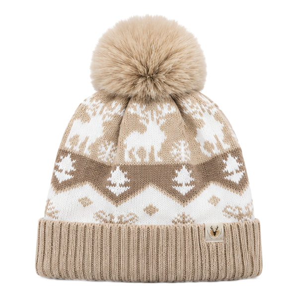 Baby Woolen Cap with Fur Lining, Reindeer Design Warm Knitted Pom Pom Winter Beanie for Boys & Girls (2-4 Years)