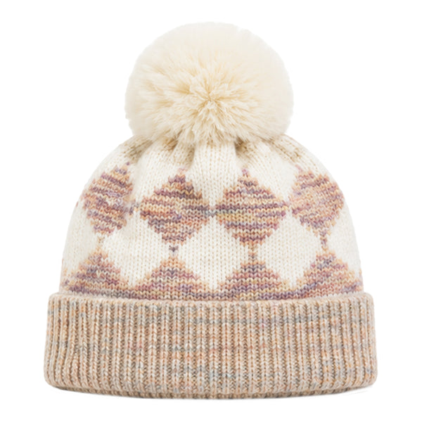 Kids Woolen Cap with Geometric Pattern and Soft Pom Pom, Warm Winter Beanie with Ribbed Folded Cuff for Boys & Girls (3-6 Years)