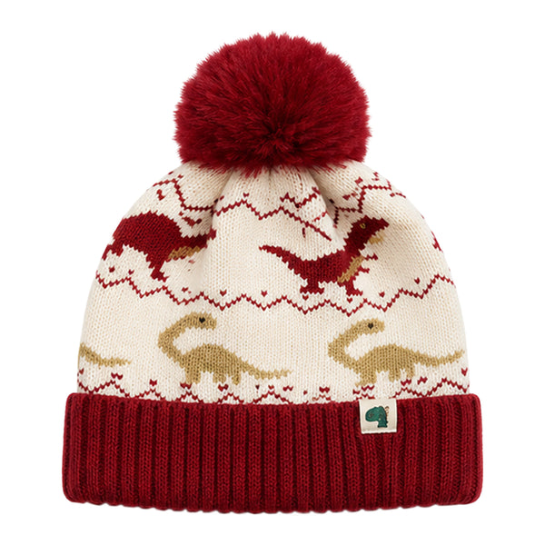 Kids Woolen Cap with Dinosaur Pattern and Soft Pom Pom, Warm Winter Beanie with Folded Cuff for Boys & Girls (3-6 Years)