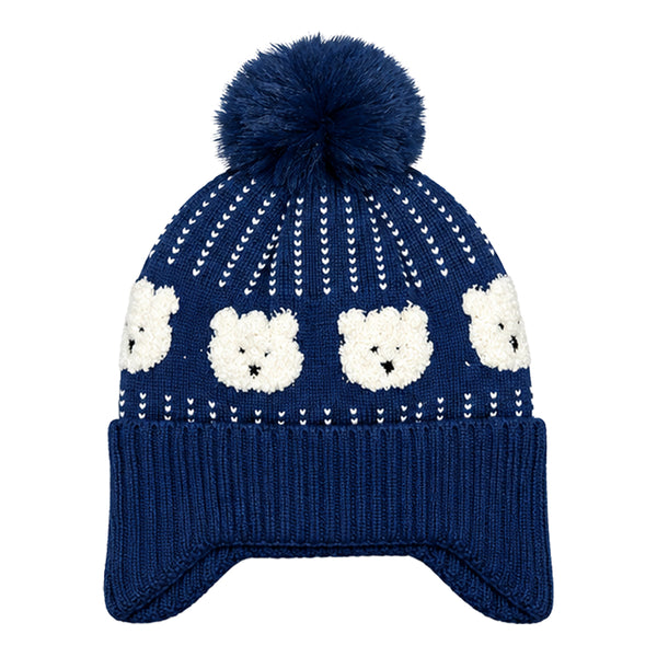 Kids Woolen Cap with Cute Bear Pattern, Warm Winter Beanie with Earflap Design, Soft Pom Pom and Ribbed Cuff for Boys & Girls (3-6 Years)