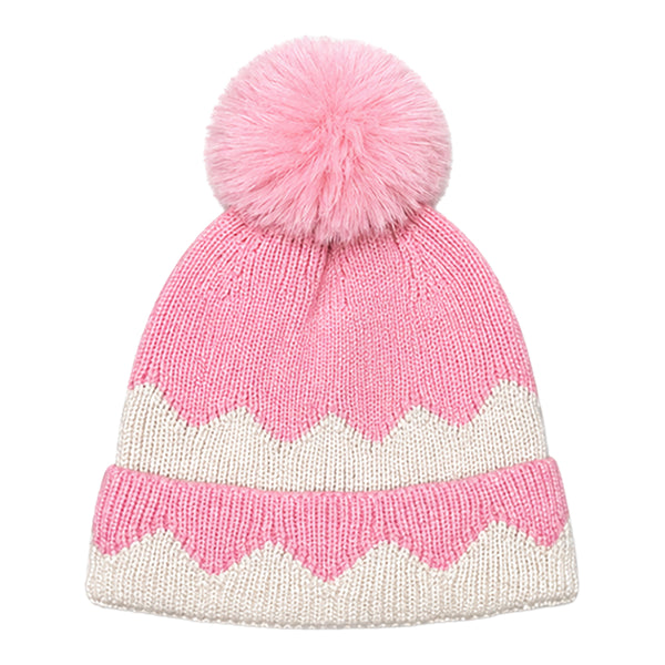Baby Woolen Cap with Fur Lining, Zigzag Design Warm Knitted Faux Fur Pom Pom Winter Beanie for Boys & Girls (2-4 Years)