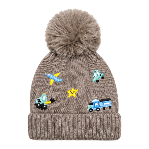 Kids Woolen Cap with Cute Vehicle Embroidery, Warm Winter Beanie with Soft Pom Pom and Ribbed Folded Cuff for Boys & Girls (3-6 Years)