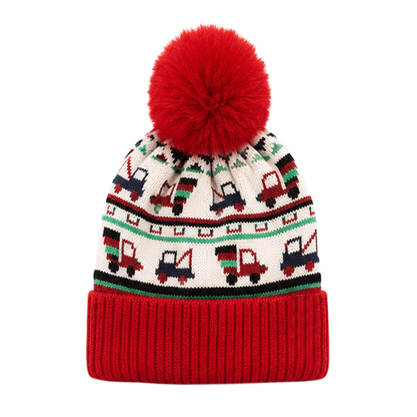 Baby Woolen Cap with Fur Lining, Truck Design Warm Knitted Faux Fur Pom Pom Winter Beanie for Boys & Girls (3-6 Years)