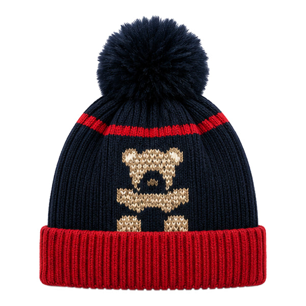 Baby Woolen Cap with Fur Lining, Black Teddy Bear Design Warm Ribbed Knit Faux Fur Pom Pom Winter Beanie for Boys & Girls (3-6 Years)