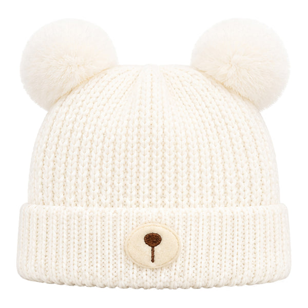 Kids Woolen Cap with Fur Lining, Bear Ears Design Warm Chunky Knit Double Pom Pom Winter Beanie for Boys & Girls (3-6 Years)