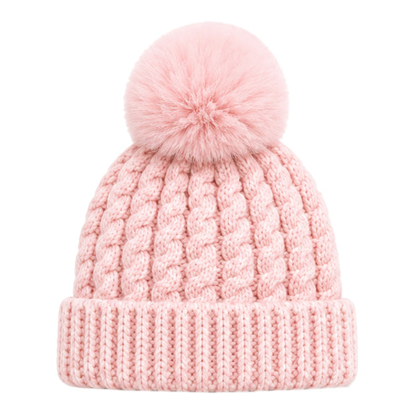 Baby Woolen Cap with Fur Lining, Cable Knit Design Warm Knitted Pom Pom Winter Beanie for Boys & Girls (0-1 Years)