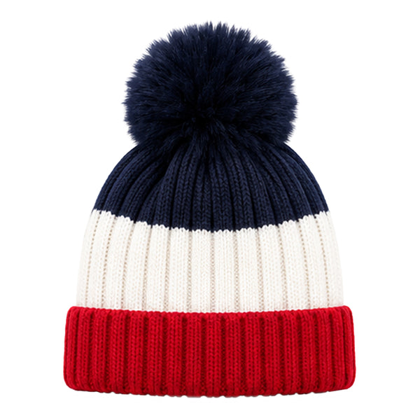 Baby Woolen Cap with Fur Lining, Colour Block Design Warm Ribbed Knit Faux Fur Pom Pom Winter Beanie for Boys & Girls (3-6 Years)